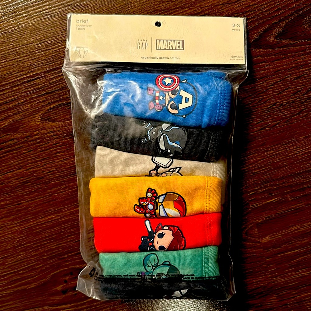 NEW Baby Gap Marvel Toddler Boy Organically Grown Cotton Briefs 7 pairs, 2-3 yrs